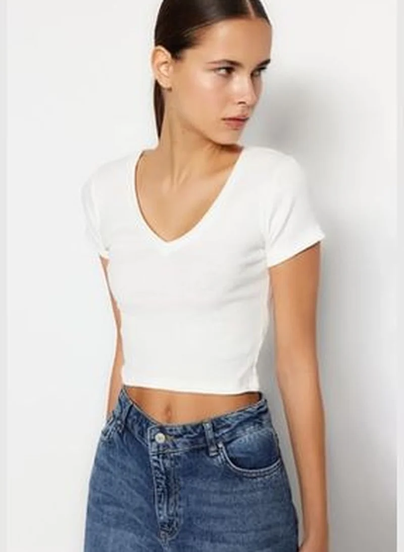 trendyol Green Stripe-White Plain 2-Pack Fitted V-Neck Crop Corduroy Knitted Blouse TWOSS23BZ00389