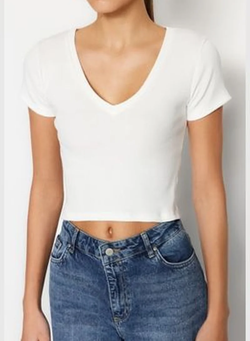 trendyol Green Stripe-White Plain 2-Pack Fitted V-Neck Crop Corduroy Knitted Blouse TWOSS23BZ00389