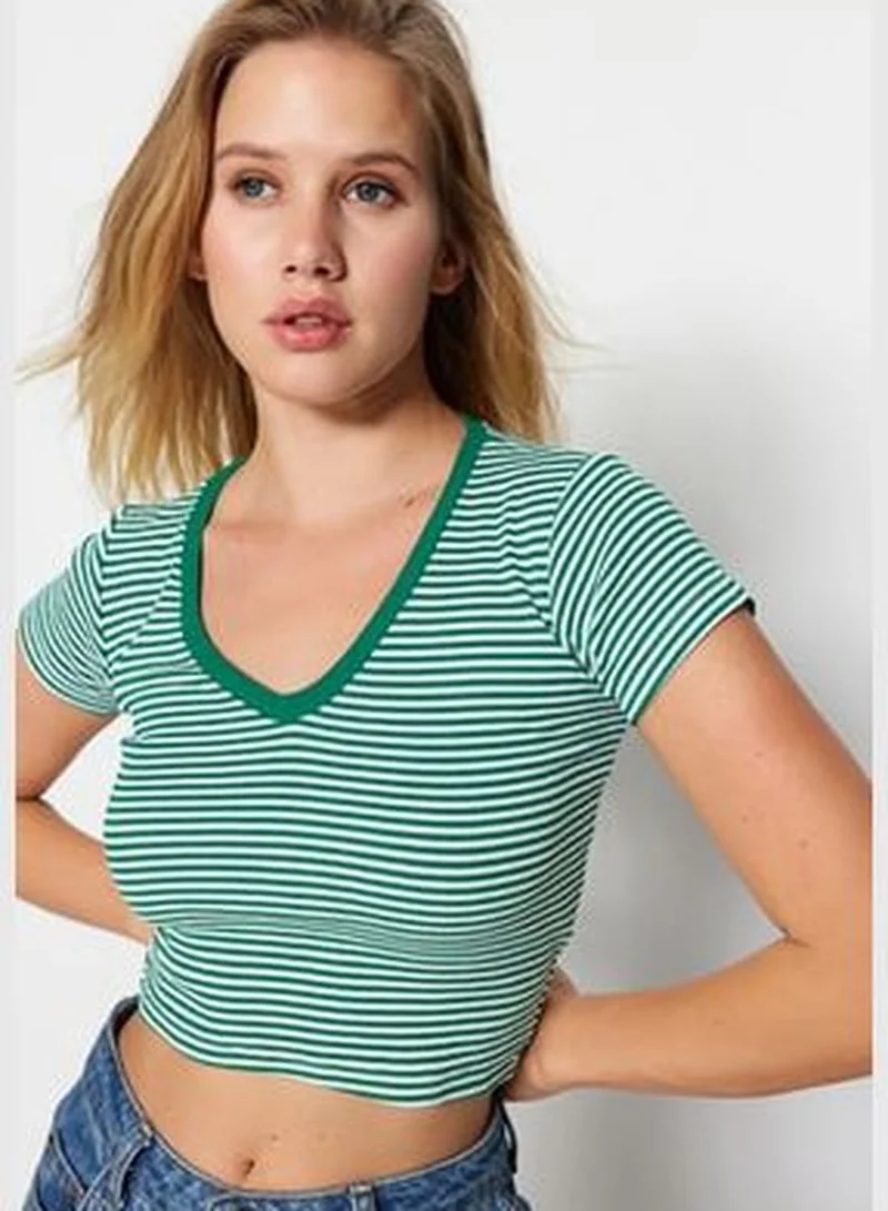 trendyol Green Stripe-White Plain 2-Pack Fitted V-Neck Crop Corduroy Knitted Blouse TWOSS23BZ00389