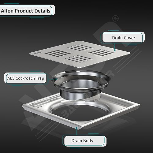 ALTON ALD1001, SS-304 Grade, 5x5 INCH Plain, Bathroom Grating Square Floor Drain Jali with ABS Cockroach Trap, Matte - Image 3