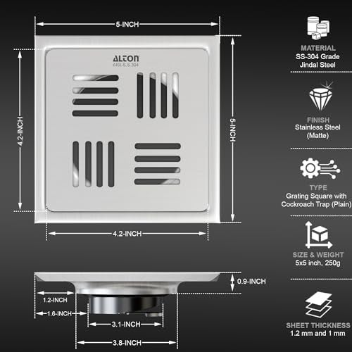 ALTON ALD1001, SS-304 Grade, 5x5 INCH Plain, Bathroom Grating Square Floor Drain Jali with ABS Cockroach Trap, Matte - Image 2