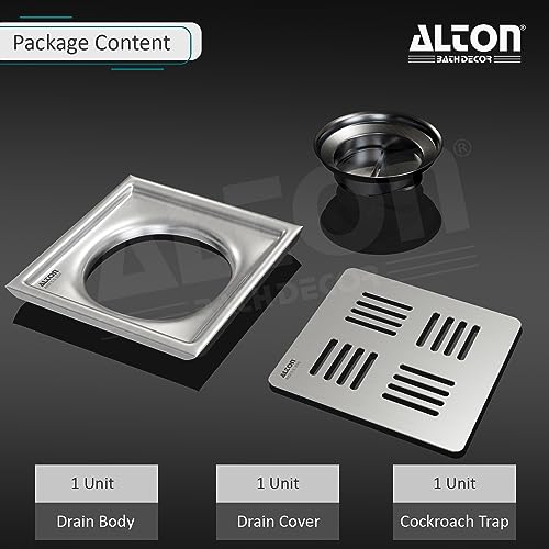 ALTON ALD1001, SS-304 Grade, 5x5 INCH Plain, Bathroom Grating Square Floor Drain Jali with ABS Cockroach Trap, Matte - Image 4