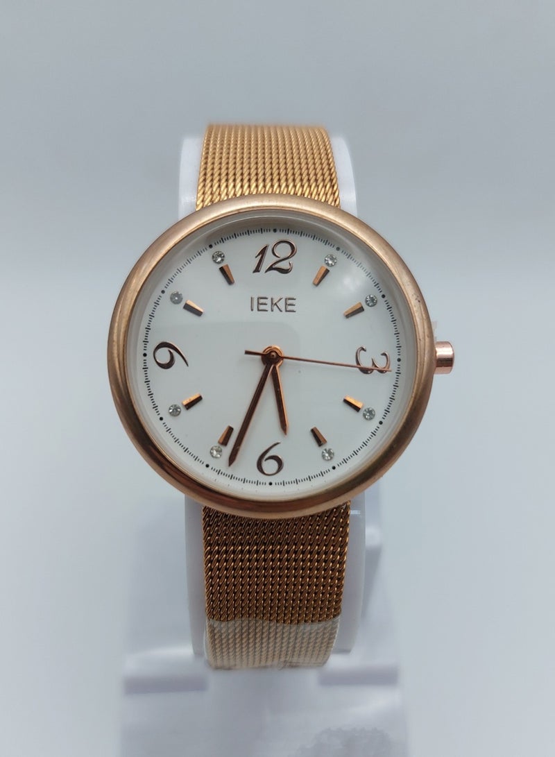 IEKE Women Rose Gold Stainless Steel Mesh Belt White Dial Watch - Image 2