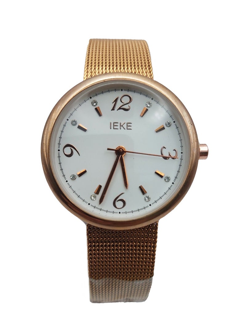 IEKE Women Rose Gold Stainless Steel Mesh Belt White Dial Watch - Image 1