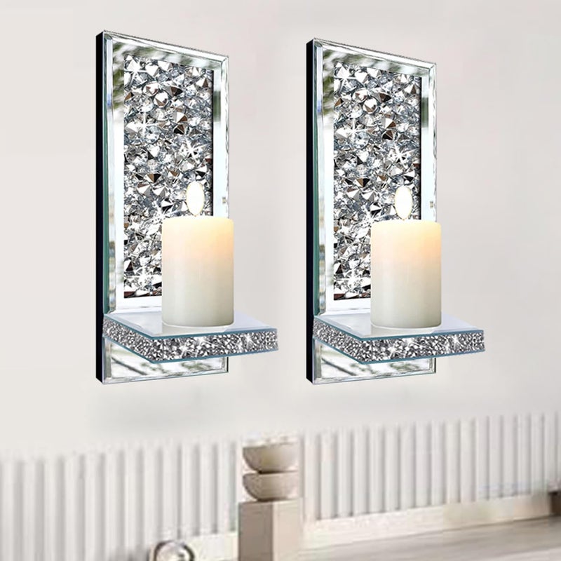 ZOLAPI Set of 2 Crystal Crush Diamond Candle Sconces, Gorgeous Silver Mirrored Wall Sconce, Candle Holder Glass Wall Decorations for Home DÃ©cor, Living Room, Dining Room. 1A - Image 3