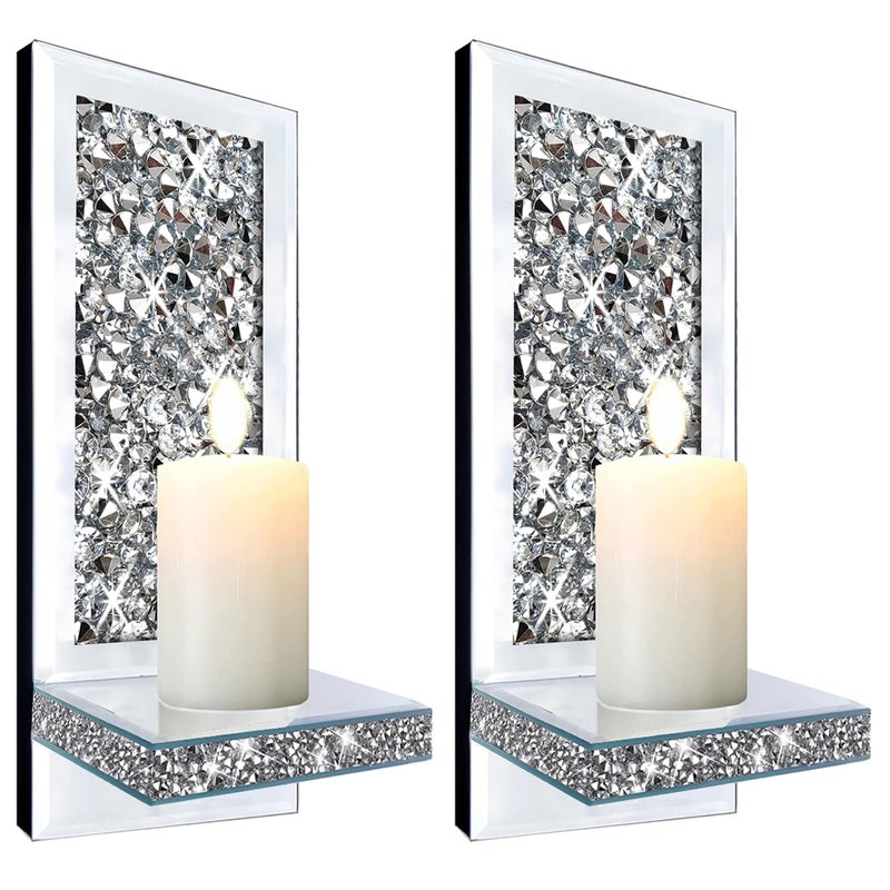 ZOLAPI Set of 2 Crystal Crush Diamond Candle Sconces, Gorgeous Silver Mirrored Wall Sconce, Candle Holder Glass Wall Decorations for Home DÃ©cor, Living Room, Dining Room. 1A - Image 1