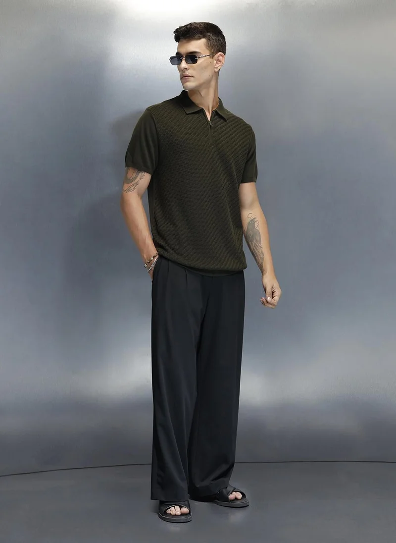 روجن Textured Men's Casual Slim Fit Polo T-Shirt | Olive