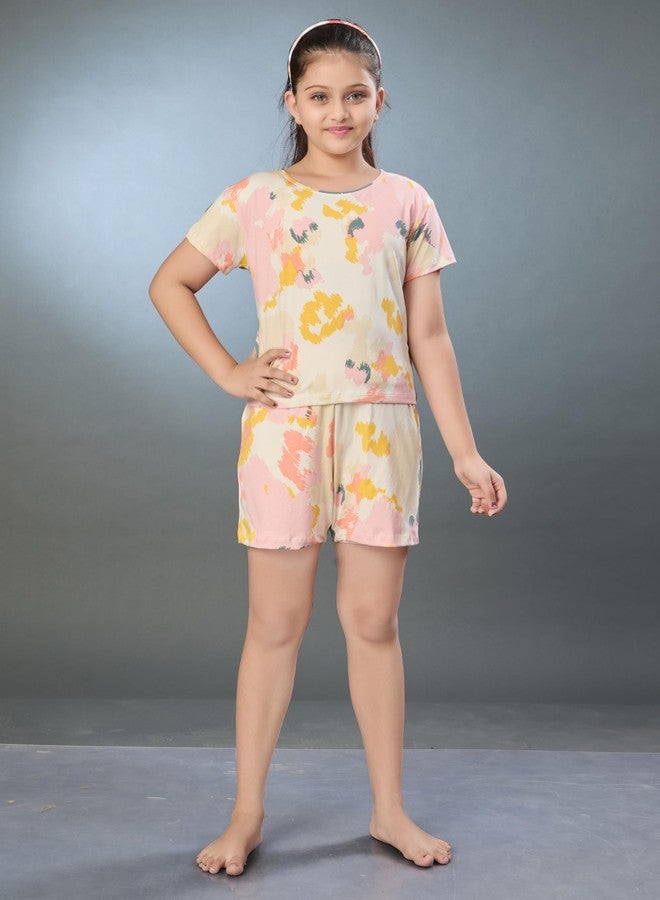 BLOEM Co-ords Set for Girls | Half Sleeves Cotton Printed Tshirt and Shorts-Daywear/Nightwear/Casualwear/Loungewear-14-15 Years-Multi-Printed - Image 2