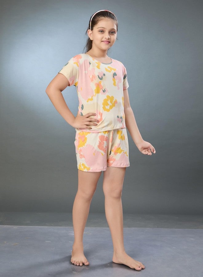 BLOEM Co-ords Set for Girls | Half Sleeves Cotton Printed Tshirt and Shorts-Daywear/Nightwear/Casualwear/Loungewear-14-15 Years-Multi-Printed - Image 4