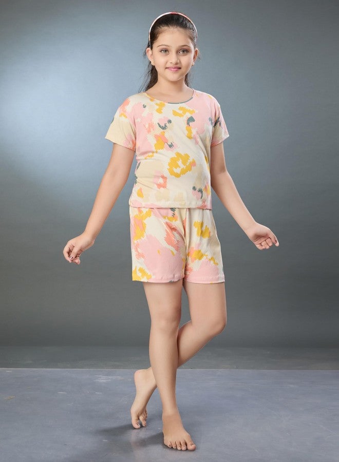 BLOEM Co-ords Set for Girls | Half Sleeves Cotton Printed Tshirt and Shorts-Daywear/Nightwear/Casualwear/Loungewear-14-15 Years-Multi-Printed - Image 3