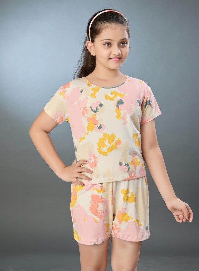 BLOEM Co-ords Set for Girls | Half Sleeves Cotton Printed Tshirt and Shorts-Daywear/Nightwear/Casualwear/Loungewear-14-15 Years-Multi-Printed - Image 5