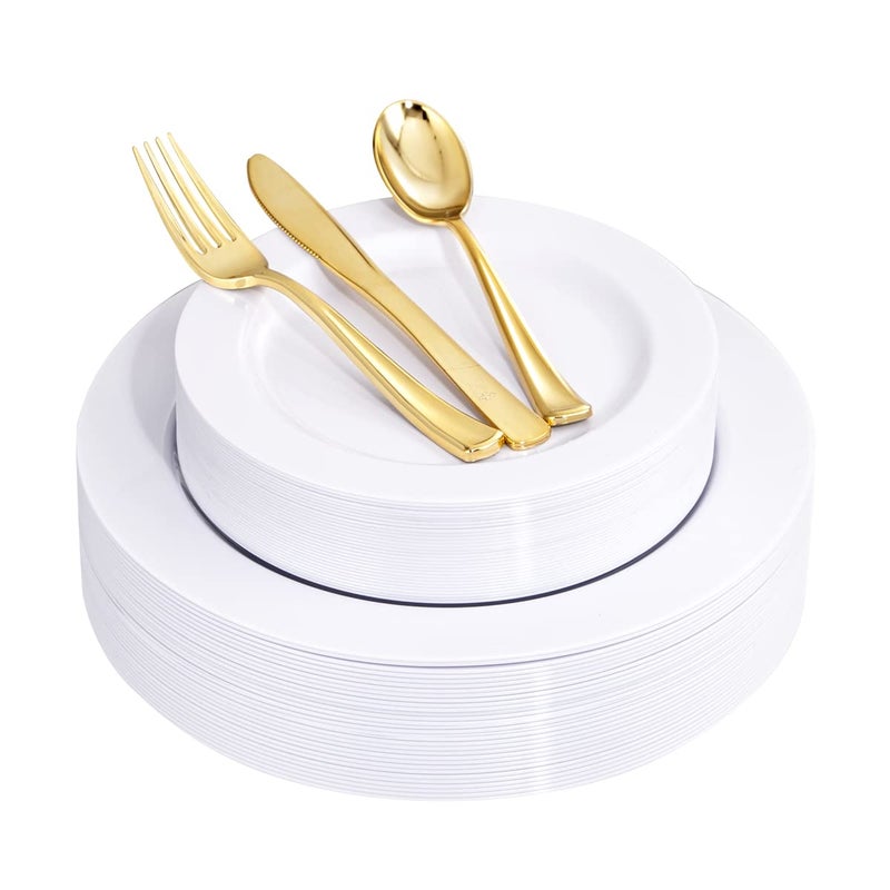 UQE 150PCS White Plastic Plates with Gold Cutlery  Include 60 Dinner and Dessert Plates 30 Forks 30 Knives 30 Spoons Ideal for Wedding and Party