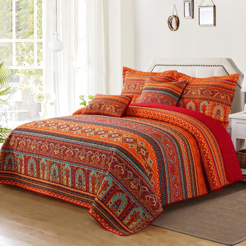 VAPUTAR Quilt California King Size Bedding Set - Cotton California King Quilt (108 * 118 Inch) - Boho Lightweight Reversible Oversized Bedspread for Farmhouse Bedroom (Red/Orange), 3 Pieces - Image 2