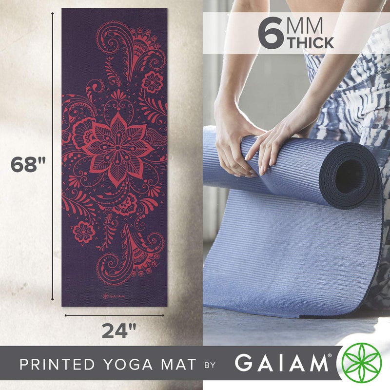 Gaiam حصيرة يوغا غايام مطبوعة فاخرة سميكة جداً غير قابلة للانزلاق للتمارين واللياقة البدنية لجميع أنواع اليوغا، بيلاتس وتمارين الأرض، لون أرجواني دوامة، 6مم - Image 2