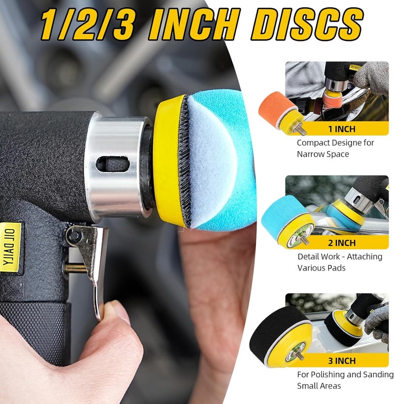SI FANG 1'' 2'' 3'' Mini Random Orbital Air Sander Kit, High Speed Pneumatic Mini Sanders Polisher for Auto Body Work, Includes 27Pcs 1/2/3in Polishing Sponge & Wool Pads, 15Pcs Sandpapers (Black) - Image 3