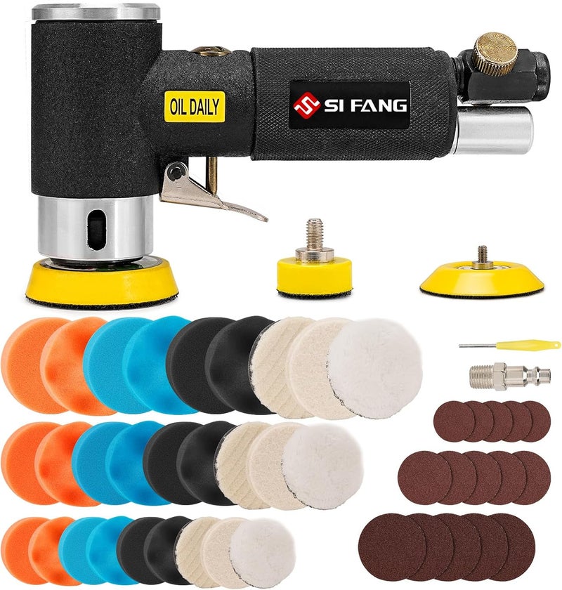 SI FANG 1'' 2'' 3'' Mini Random Orbital Air Sander Kit, High Speed Pneumatic Mini Sanders Polisher for Auto Body Work, Includes 27Pcs 1/2/3in Polishing Sponge & Wool Pads, 15Pcs Sandpapers (Black) - Image 1