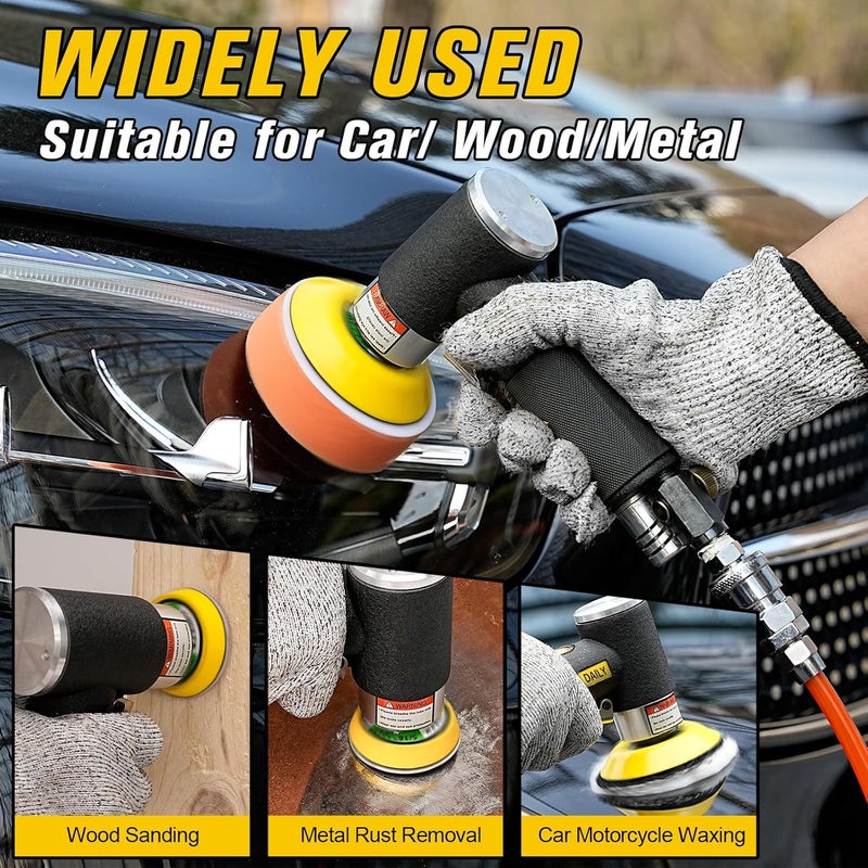 SI FANG 1'' 2'' 3'' Mini Random Orbital Air Sander Kit, High Speed Pneumatic Mini Sanders Polisher for Auto Body Work, Includes 27Pcs 1/2/3in Polishing Sponge & Wool Pads, 15Pcs Sandpapers (Black) - Image 2
