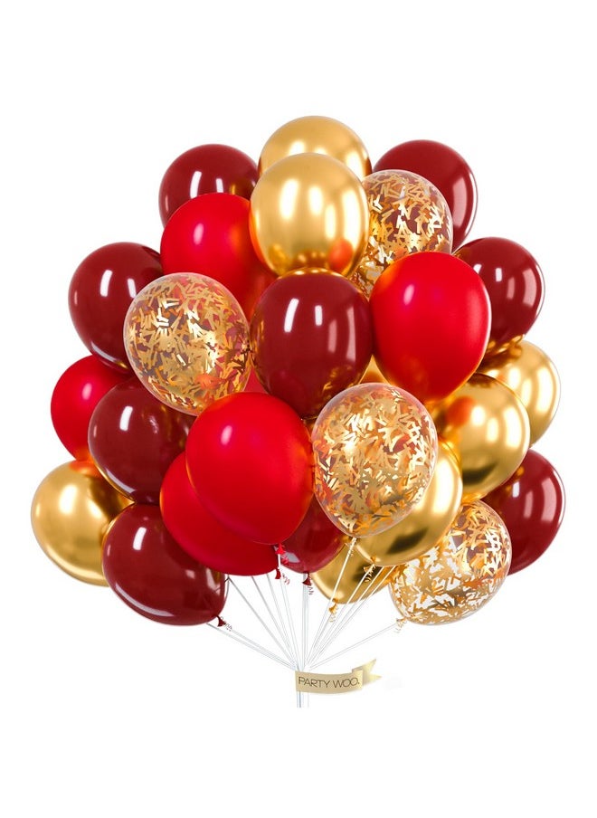 PartyWoo Red And Gold Balloons, 60 Pcs Burgundy Balloons, Ruby Red Balloons, Gold Confetti Balloons, Gold Metallic Balloons For Red And Gold Party Decorations, Burgundy Party Decorations  - Image 1