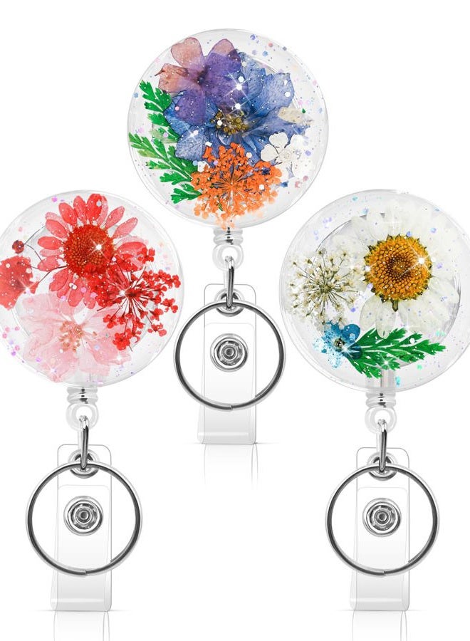 KJQJLY 3 Pcs Cute Flower Badge Reels Retractable for Nurse, Dried Floral Resin Badge Holder with Key Ring, Decorative Nursing Badge Clip for Women Doctor Teacher ID Card(Classic) - Image 1