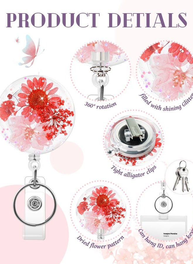 KJQJLY 3 Pcs Cute Flower Badge Reels Retractable for Nurse, Dried Floral Resin Badge Holder with Key Ring, Decorative Nursing Badge Clip for Women Doctor Teacher ID Card(Classic) - Image 3