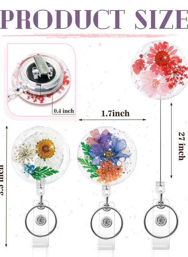 KJQJLY 3 Pcs Cute Flower Badge Reels Retractable for Nurse, Dried Floral Resin Badge Holder with Key Ring, Decorative Nursing Badge Clip for Women Doctor Teacher ID Card(Classic) - Image 2