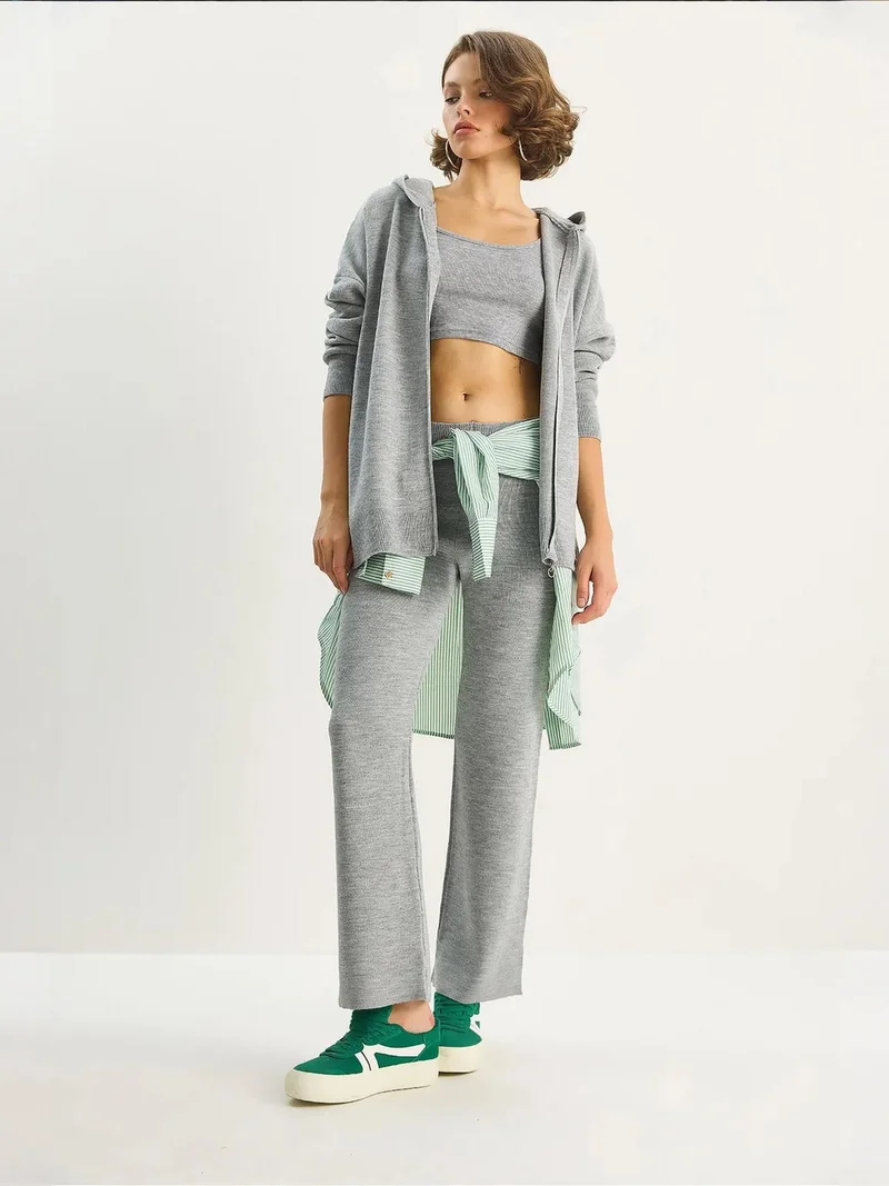 Bianco Lucci LUCCI High Waist Zipper Collar Cardigan and Pants Set