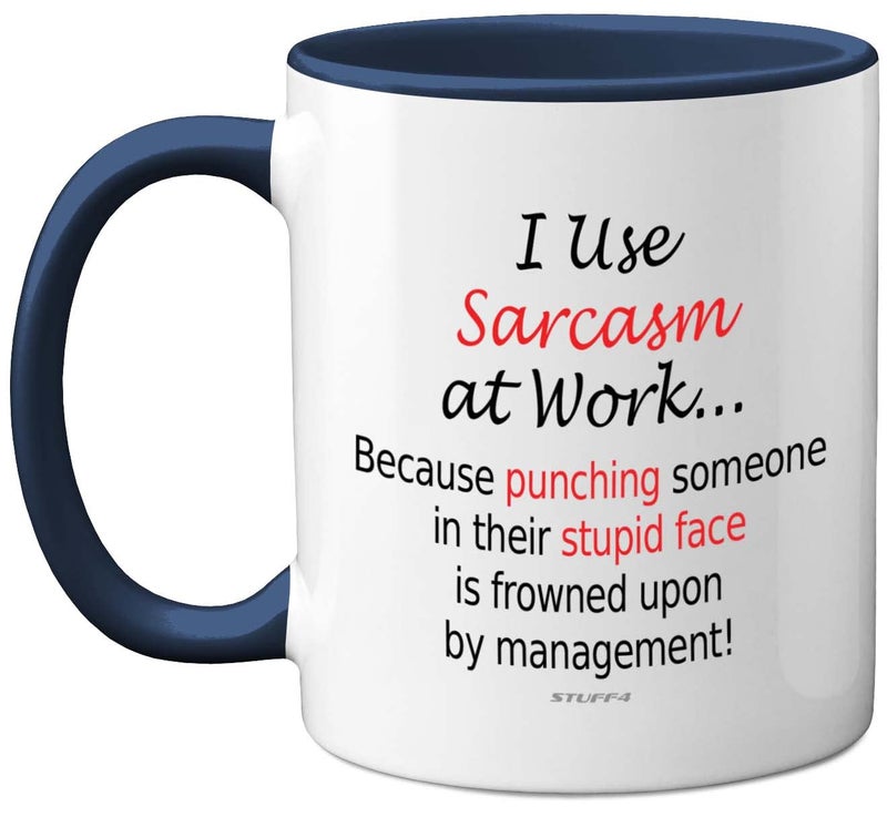 Funny Mugs  I Use Sarcasm at Work  Desk Novelty Mugs for Colleagues Secret Santa Christmas Birthday Gifts 11oz Dishwasher Safe Navy Handle Mug