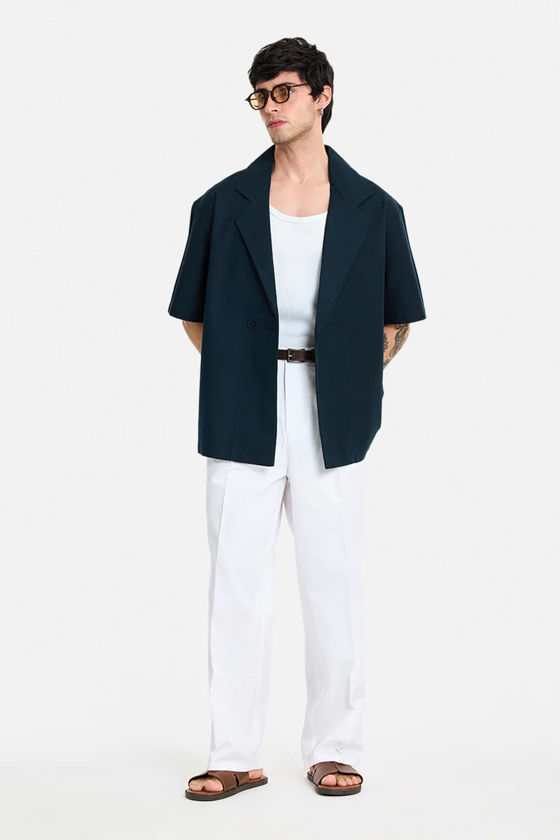 سنيتش Navy Blue Solid Half Sleeve Oversized Shirt