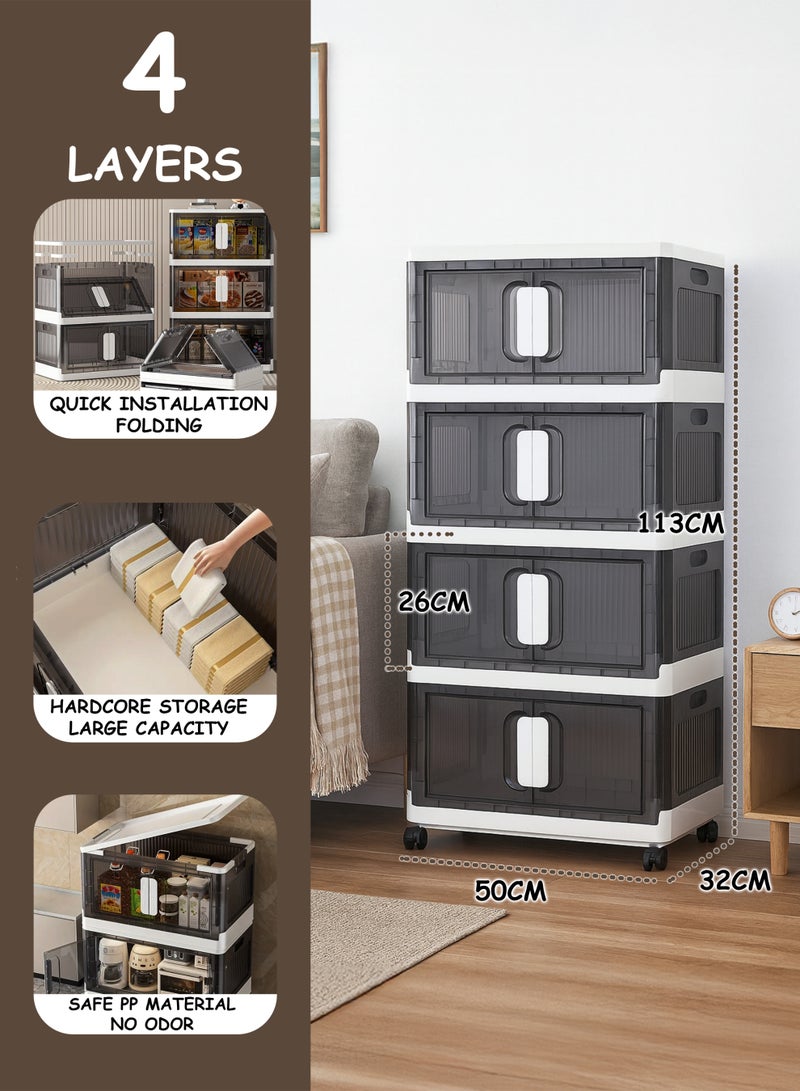 توشيونيكس خزانة تخزين بلاستيكية من 4 طبقات - 50 × 32 × 113 سم - صناديق تخزين محمولة قابلة للطي ومتعددة الطبقات مع عجلات دوارة، منظم ملابس قابل للطي والتكديس مع أبواب مزدوجة مغناطيسية منظم لحاف خزانة بلاستيكي شفاف من الأكريليك مع أغطية آمنة وعجلات قابلة للقفل صندوق تخزين منزلي للملابس والمطبخ والمخازن والأواني وخزانة الألعاب والوجبات الخفيفة - منظم ديكور منزلي ومستلزمات مكتبية وغرفة نوم ومستلزمات الحمام ووسائل الراحة رف تخزين واسع متعدد الاستخدامات - متوفر بأحجام وطبقات مختلفة - Image 1