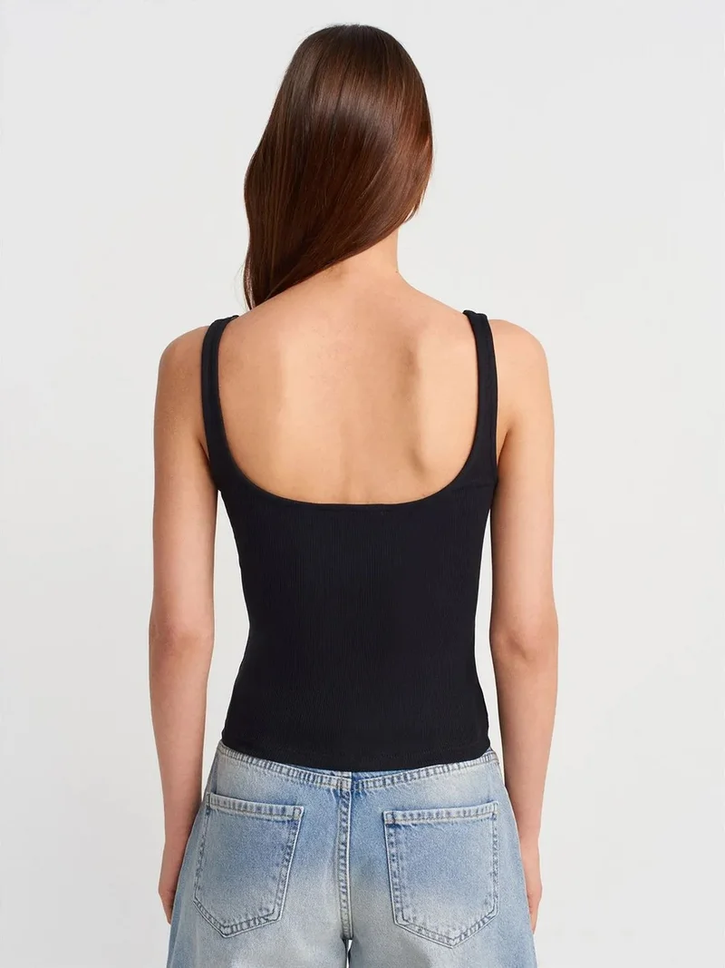 ديلفين DILVIN Ribbed Square-neck Sleeveless Blouse