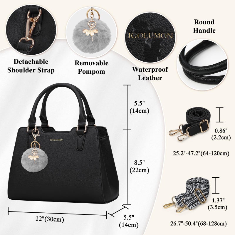 IGOLUMON Women's Top-Handle Handbags Vegan Leather Purses for Women Designer Tote Purse and Handbag with Cute Pompom Satchel Bags for Women Ladies Waterproof Shoulder Bag Crossbody Fashion Black - Image 5
