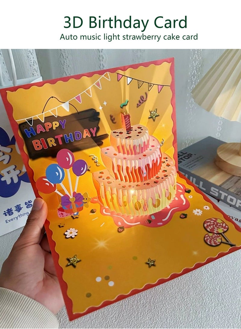 بطاقة عيد ميلاد ثلاثية الأبعاد بكبسة منبثقة، بطاقة كعكة عيد ميلاد مزودة بالضوء والموسيقى، بطاقة عيد ميلاد ملونة LED، الأفضل للأم، الزوجة، الأخت، البنت، الصديقة، قطعة واحدة - Image 1