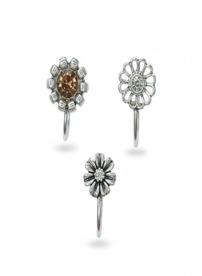 JWELLA Oxidised Silver Floral Nose Pin Set of 3 for Women and Girls, Elegant Clip-On Nosepins with Antique and Stone-Studded Designs, Lightweight Ethnic Jewellery. - Image 1