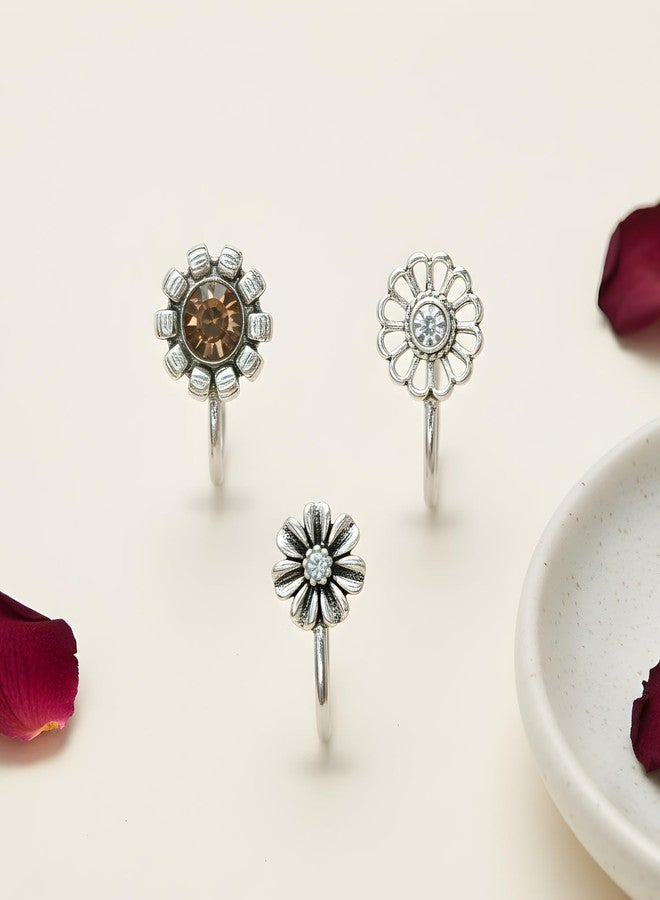JWELLA Oxidised Silver Floral Nose Pin Set of 3 for Women and Girls, Elegant Clip-On Nosepins with Antique and Stone-Studded Designs, Lightweight Ethnic Jewellery. - Image 2