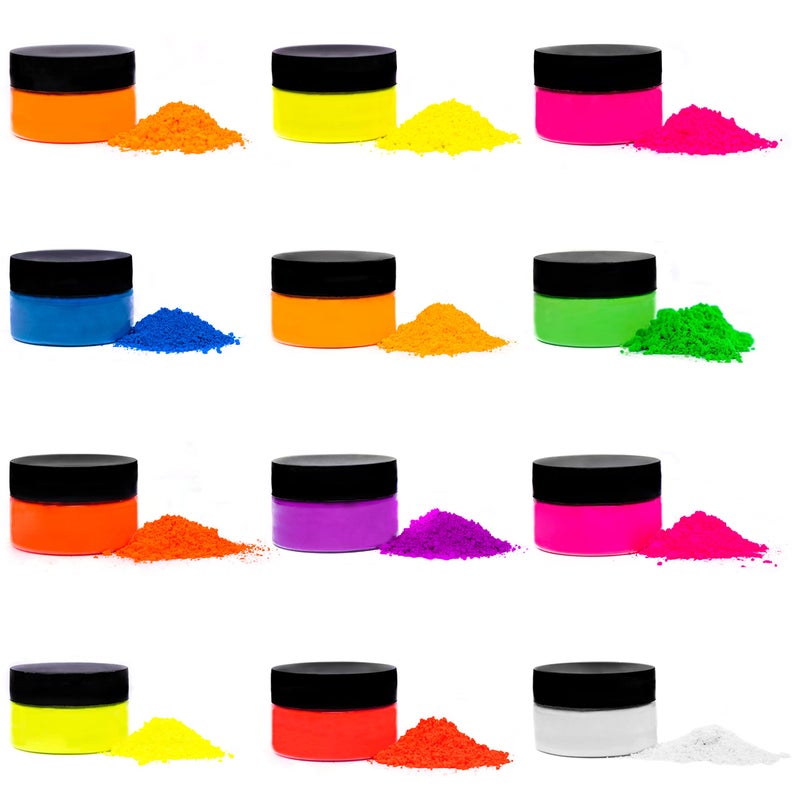 Rolio  Fluorescent Neon Powder  12 Jars of Pigment for Paint Dye Soap Making Nail Polish Epoxy Resin Candle Making Bath Bombs Slime 10g