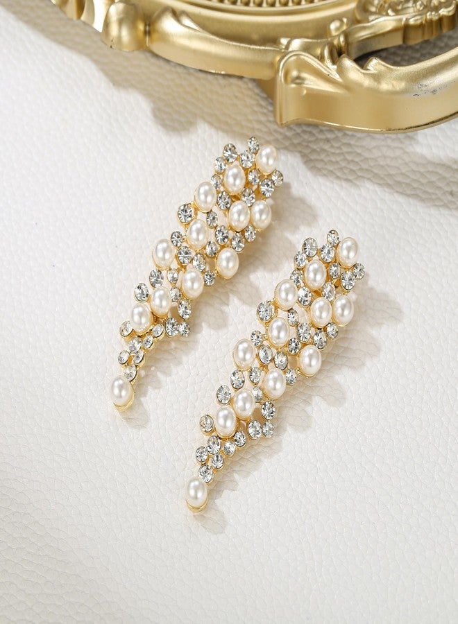 BriLove Bridal Statement Clip-on Earrings for Women Gorgeous Shiny Rhinestones Simulated Pearl Multi Beaded Cluster Chandelier Dangle Jewelry for Wedding Party Prom Clear Gold-Tone - Image 4