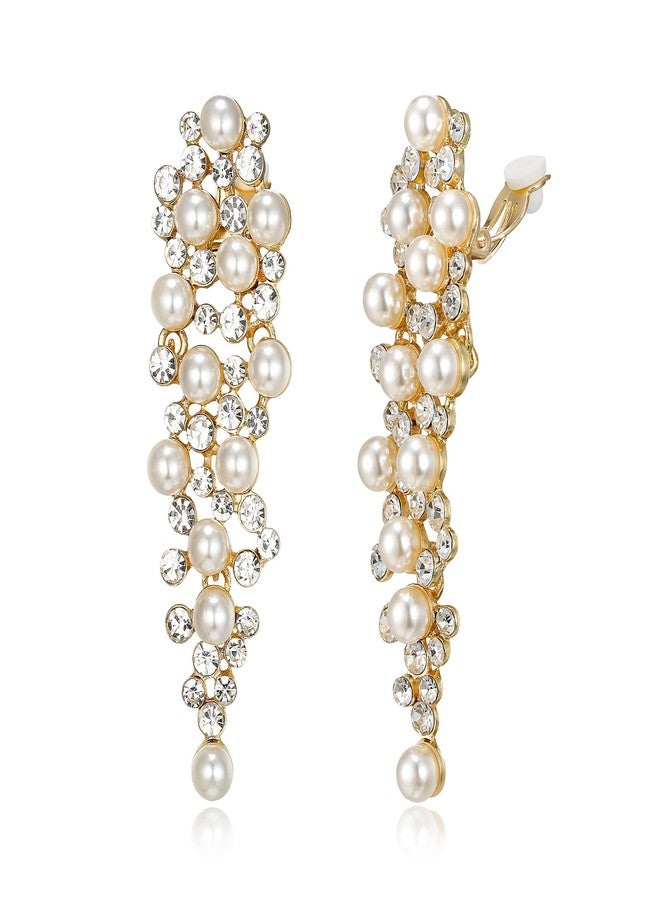 BriLove Bridal Statement Clip-on Earrings for Women Gorgeous Shiny Rhinestones Simulated Pearl Multi Beaded Cluster Chandelier Dangle Jewelry for Wedding Party Prom Clear Gold-Tone - Image 1