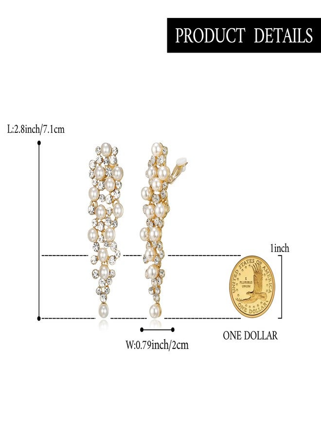 BriLove Bridal Statement Clip-on Earrings for Women Gorgeous Shiny Rhinestones Simulated Pearl Multi Beaded Cluster Chandelier Dangle Jewelry for Wedding Party Prom Clear Gold-Tone - Image 5