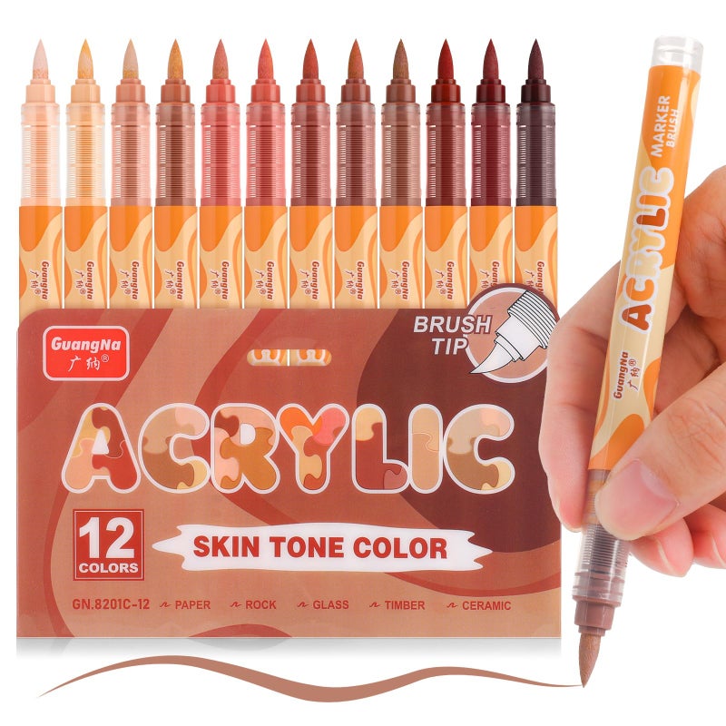 GuangNa kander Guangna Acrylic Paint Markers 12 Colors, Skin Tone Series Set with Soft Brush Tip Water Based, Fine Tip Markers for Wood, Canvas, Rock Painting, Glass, Diy Crafts, Fabric Paint - Image 1