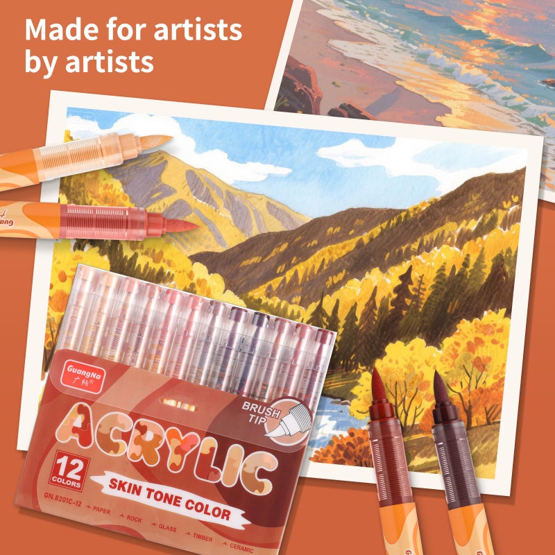GuangNa kander Guangna Acrylic Paint Markers 12 Colors, Skin Tone Series Set with Soft Brush Tip Water Based, Fine Tip Markers for Wood, Canvas, Rock Painting, Glass, Diy Crafts, Fabric Paint - Image 3