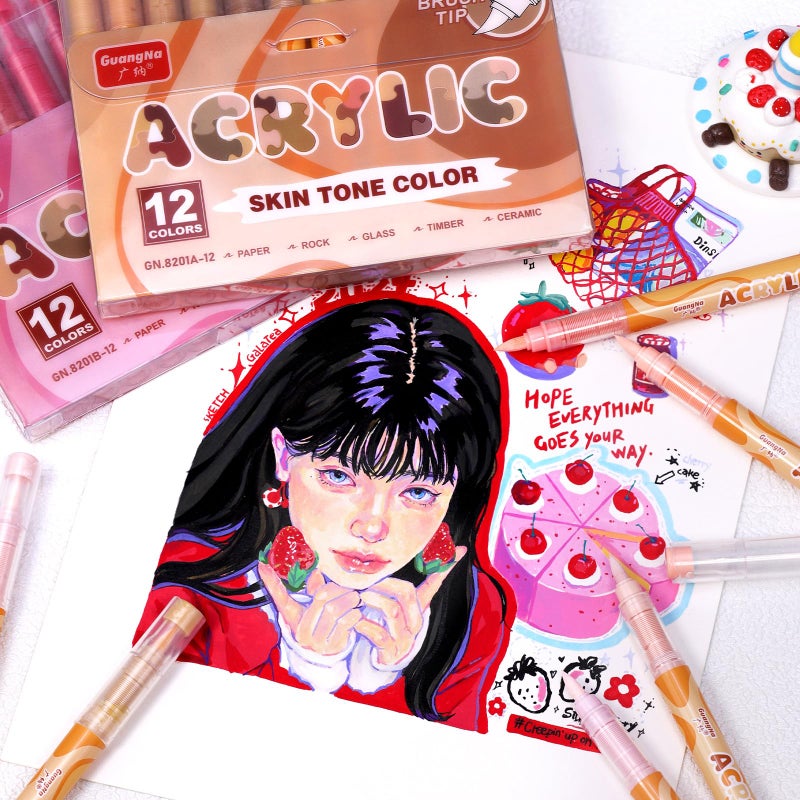 GuangNa kander Guangna Acrylic Paint Markers 12 Colors, Skin Tone Series Set with Soft Brush Tip Water Based, Fine Tip Markers for Wood, Canvas, Rock Painting, Glass, Diy Crafts, Fabric Paint - Image 4