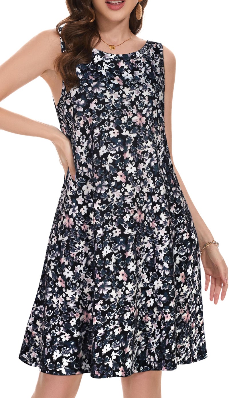 elescat Women's Dresses Summer Loose Fit Pockets Tshirt Fashion Swing Floral Tank Dress(Black Beige Flower, L) - Image 4