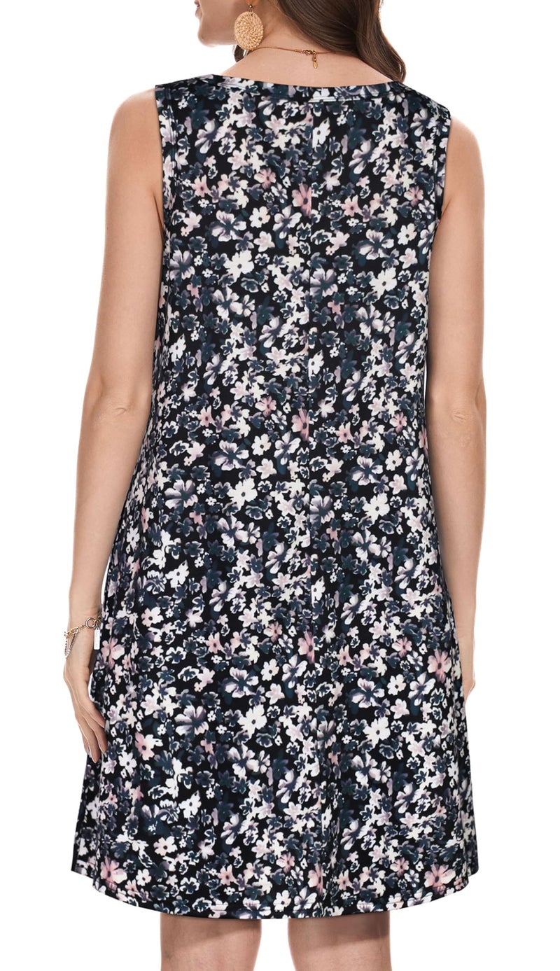 elescat Women's Dresses Summer Loose Fit Pockets Tshirt Fashion Swing Floral Tank Dress(Black Beige Flower, L) - Image 5