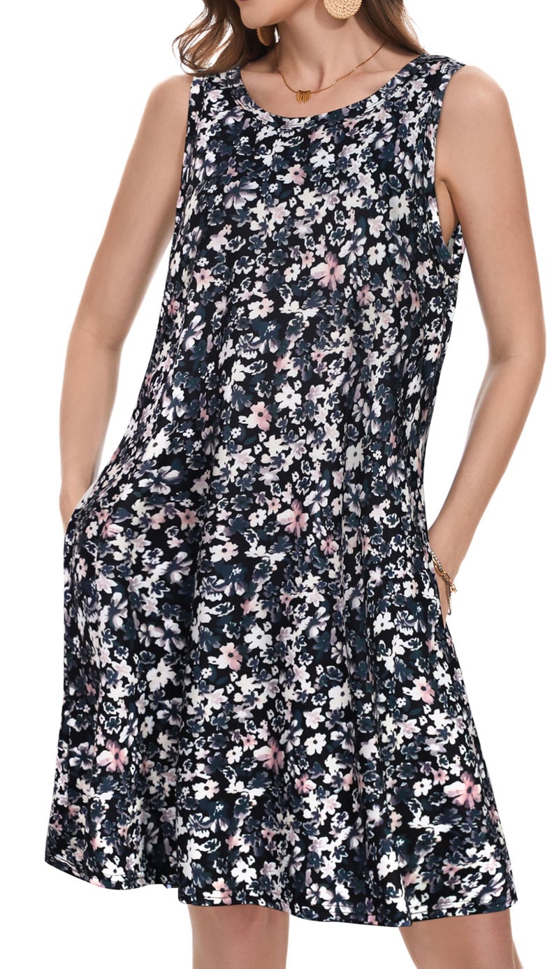 elescat Women's Dresses Summer Loose Fit Pockets Tshirt Fashion Swing Floral Tank Dress(Black Beige Flower, L) - Image 2