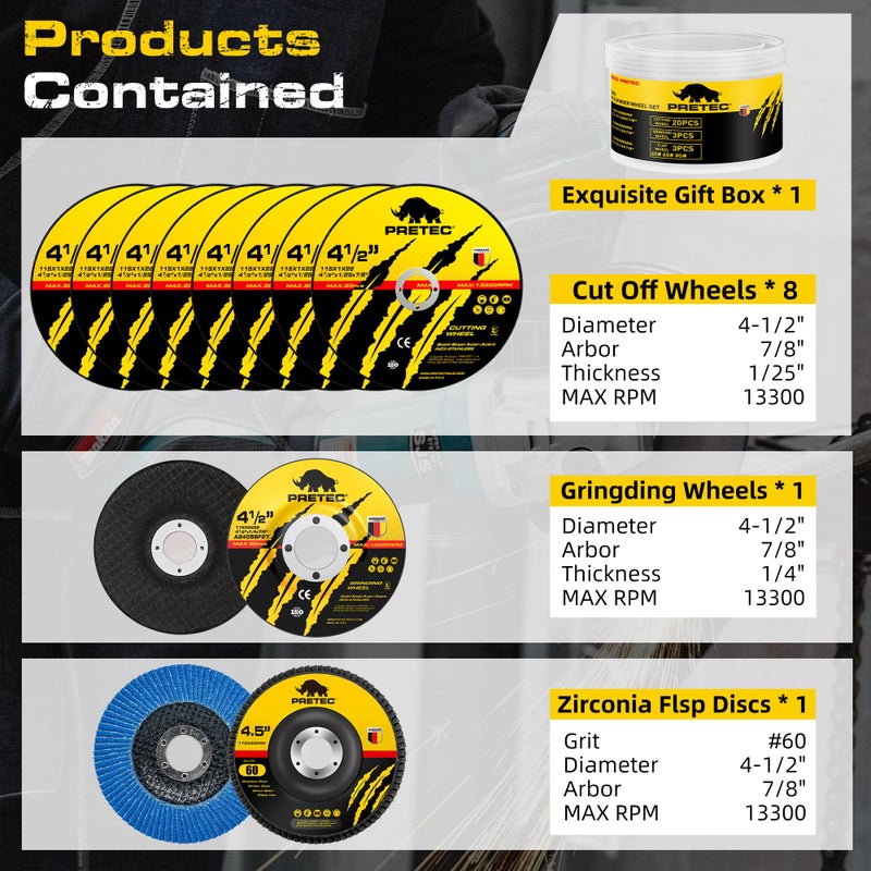 PRETEC Grinding & Cutting Wheels 4 1/2 inch Set,Angle Grinder Wheel Set,Cut Off Wheels 8 PCS,Grinding Wheel,4.5â€ Flap Discs for Angle Grinder for Cutting Grinding 8+1+1 PC - Image 2
