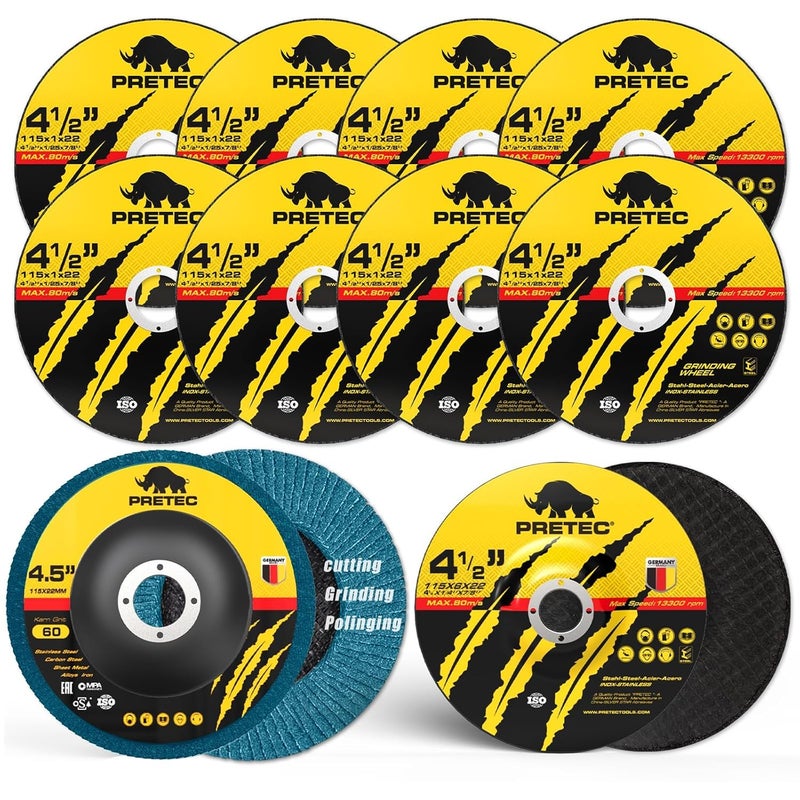PRETEC Grinding & Cutting Wheels 4 1/2 inch Set,Angle Grinder Wheel Set,Cut Off Wheels 8 PCS,Grinding Wheel,4.5â€ Flap Discs for Angle Grinder for Cutting Grinding 8+1+1 PC - Image 1