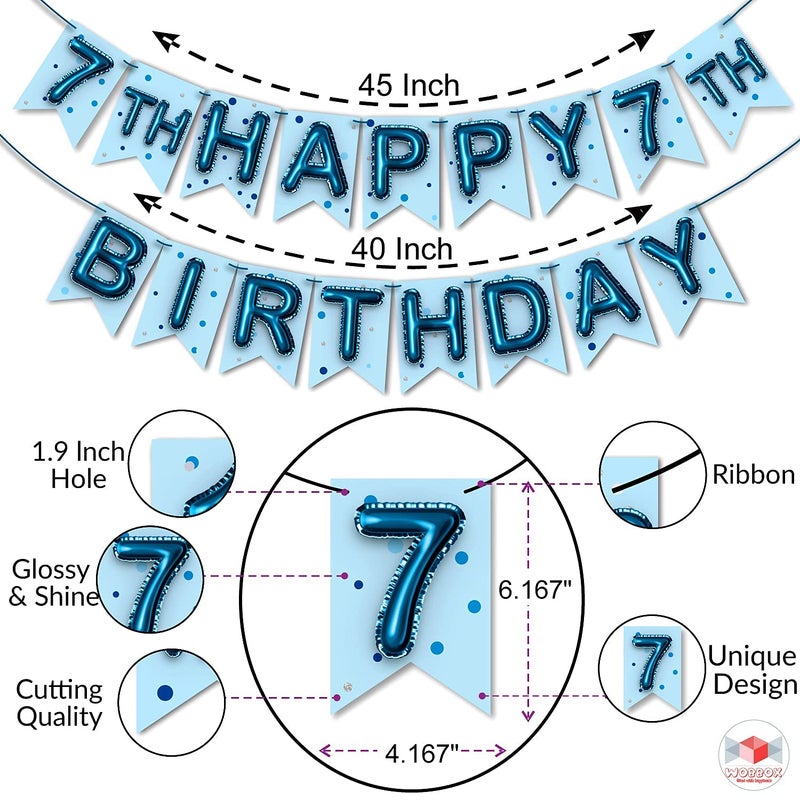 WOBBOX إكسسوارات حفلة عيد الميلاد السابع من ووبوكس باللون الأزرق لصبي صغير مع لافتة عيد الميلاد السابع باللون الأزرق، زينة عيد الميلاد السابع للصبية، مستلزمات زينة حفلة عيد ميلاد الأطفال - Image 3