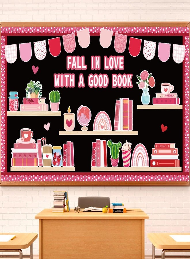 Joffetii Valentine's Day Reading Bulletin Board Decorations Set, Bookshelf Cutouts with Heart Bulletin Board Borders Valentines Library Classroom Decorations Chalkboard Wall Door Decor for Home Office 70Pcs - Image 1