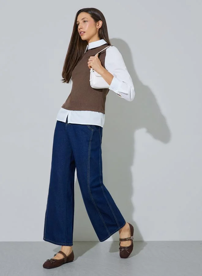Styli White Solid Long Sleeves Shirt With Knit Brown Vest