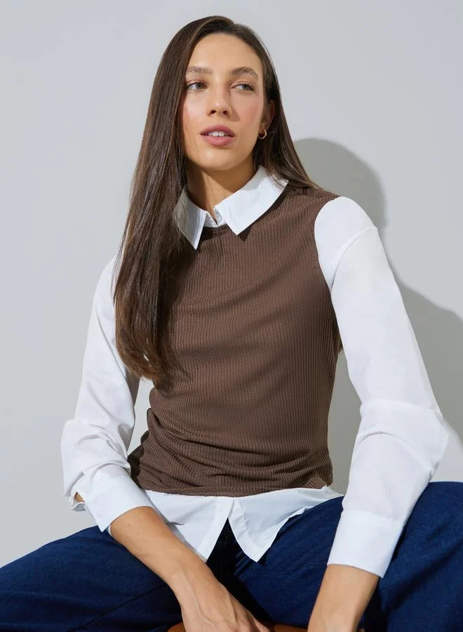 Styli White Solid Long Sleeves Shirt With Knit Brown Vest